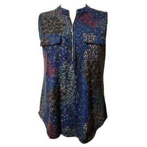 Bulotus Blouse Women's Size XL Zip Up Front Sleeveless Paisley Stretch Round Hem